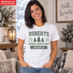 Sage Green Trees Family Christmas Custom Name T-Shrt