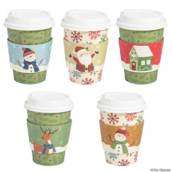 Fireside & Folk Christmas Cups with Lids & Sleeves-50Pk