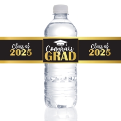 Black & Gold 2025 Congrats Grad VINYL Bottle Labels - 10 PK