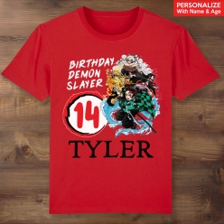 Demon Slayer Birthday Personalized Name & Age Red T-Shi