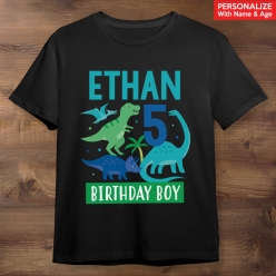 55% OFF: Trendy Dino Birthday Personalized Black T-shirt