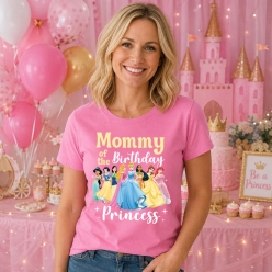 Mom of Birthday Princess Characters Pink T-shirt