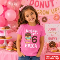 Donut Birthday Girl Personalized Name & Age Dark Pink T-shirt