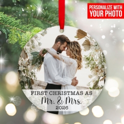 Personalized Photo 1st Christmas Married Wood Ornament
