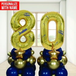 50% OFF: Age 80 Personalized Blue & Gold Airfill Balloon Column