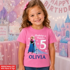 Frozen Personalized Birthday Name & Age Pink T-shirt