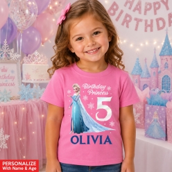 Frozen Elsa Personalized BDay Name & Age Pink T-shirt