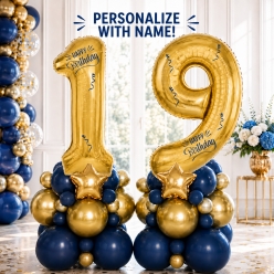 Age 19 Personalized Blue & Gold Airfill Balloon Column