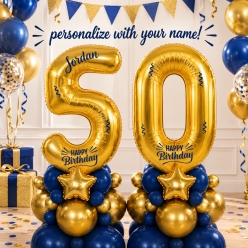 Age 50 Personalized Blue & Gold Airfill Balloon Column