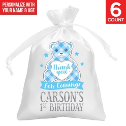 Blue Gingham PERSONALIZED Satin Bags - 6 PK