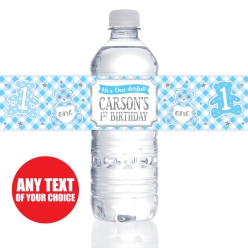 Blue Gingham 1st Bday PERSONALIZED VINYL Bottle Labels - 10 PK