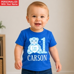 Blue Gingham 1st Personalized Blue T-shirt- Choose Size