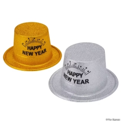 New Year's Eve Silver & Gold Glitter Plastic Top Hats-12Pk
