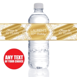 30th Bday Metallic Gold PERSONALIZED VINYL Bottle Labels - 10 PK