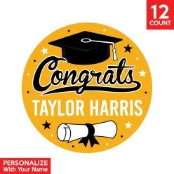 30% OFF: Yellow Congrats Grad Personalized Favour Stickers 12pk