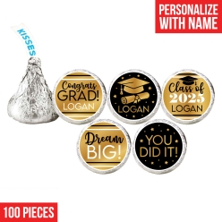 60% OFF: Grad Black & Gold Custom Hershey Kisses Stickers 100PK