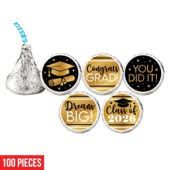 Graduation Black & Gold Hershey Kisses Stickers-100Pk