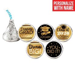 Grad Black & Gold Custom Hershey Kisses Stickers 100PK