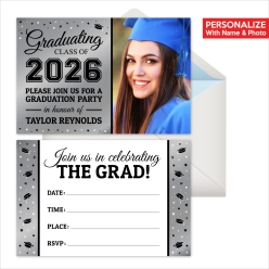Grad PERSONALIZED PHOTO Invitations Silver- 8 Pk