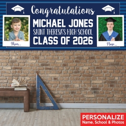 Grad Classic Then & Now PHOTO PERSONALIZED Vinyl Banner