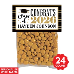 Black & Gold Grad Personalized Treat Bags & Tags 24pk