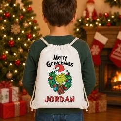 Merry Grinchmas Wreath Personalized Drawstring Backpack