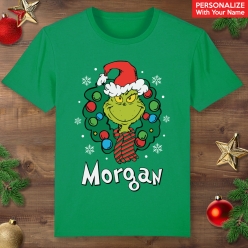Grinch Wreath Personalized Name Green T-shirt