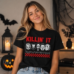 Halloween Horror Characters Killin' It Black T-shirt- All Sizes