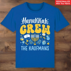 Hanukkah Crew Personalized Family Name Blue T-shirt