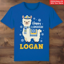 Hanukkah Llamakka Personalized Name Blue T-shirt