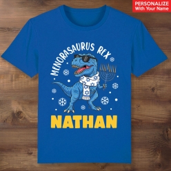 Hanukkah Menorasaurus Rex Personalized Blue T-shirt