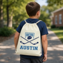 Hockey Blue Personalized Name Drawstring Backpack