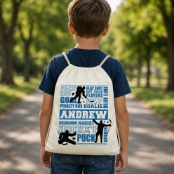 Hockey Blue Typography Personalized Drawstring Backpack