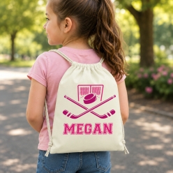Hockey Pink Personalized Name Drawstring Backpack