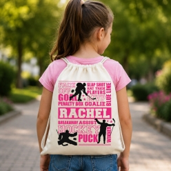 Hockey Pink Typography Personalized Drawstring Backpack