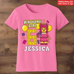 Lego Brick Birthday Girl Personalized Pink T-shirt