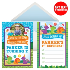 Dinosaur 1st Birthday PERSONALIZED PHOTO Invitations - 8 Pk