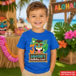Luau Birthday Boy Personalized Name Blue Shirt- All Sizes