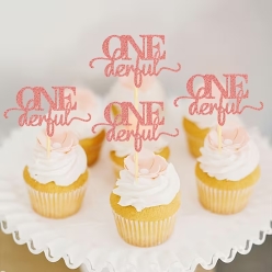 ONEderful Birthday Pink Glitter Cupcake Toppers - 12 PK