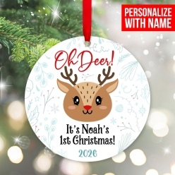 Personalized Oh Deer 1st Christmas 2026 Wood Ornament