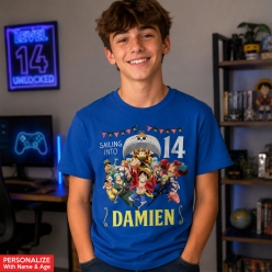 One Piece Personalized Name & Age Blue Shirt