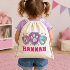 Paw Patrol Pink Badges Personalized Drawstring Backpack