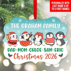 Penguin Family & Names Personalized Wood Ornament