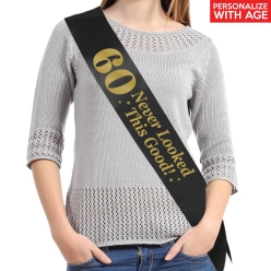 65% OFF: 60 Never Looked So Good Black Satin Sash w/ Gold
