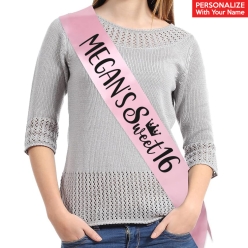 Sweet 16 Personalized Name Pink Satin Sash w/ Black