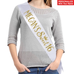 65% OFF: Sweet 16 Personalized Name White Satin Sash w/ Gold
