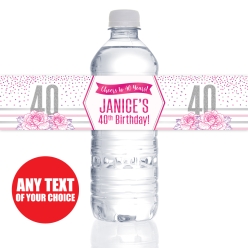 Pink Glitz 40th PERSONALIZED VINYL Bottle Labels - 10 PK