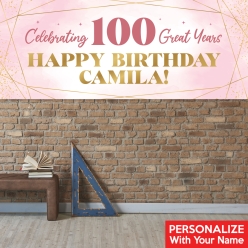100th Bday Pink Watercolour PERSONALIZED Giant Vinyl Banner