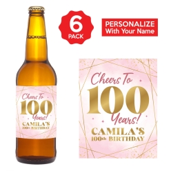 100th Bday Pink Watercolour VINYL Beer Bottle Labels 6PK