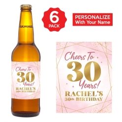 30th Bday Pink Watercolour VINYL Beer Bottle Labels 6PK